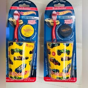 Hot wheels 3pc brush buddies soft ergonomic toothbrush, cap and rinsing cup new‎